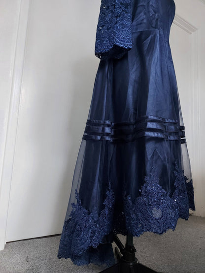 Navy-blue The Midnight Fold Collar High-low Dress by EDKAY COLLECTION UK, featuring an asymmetrical hem and elegant fold collar.