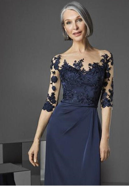 Navy blue maxi dress with pleated waistline and mermaid silhouette, designed for mother of the bride or groom by EDKAY COLLECTION UK
