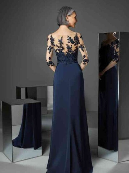 Navy blue maxi dress with pleated waistline and mermaid silhouette, designed for mother of the bride or groom by EDKAY COLLECTION UK.