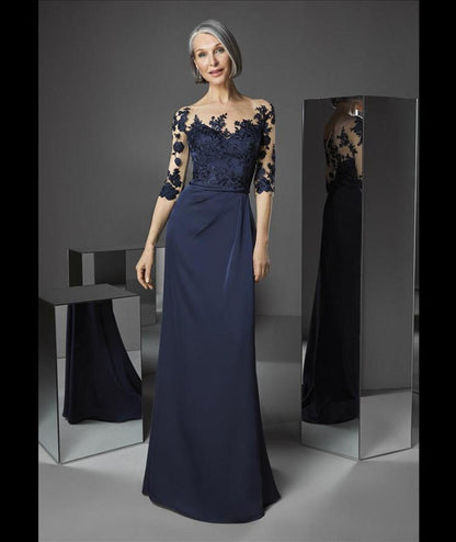 Navy blue maxi pleated waistline mermaid dress by EDKAY COLLECTION UK, designed for mothers of the bride or groom.