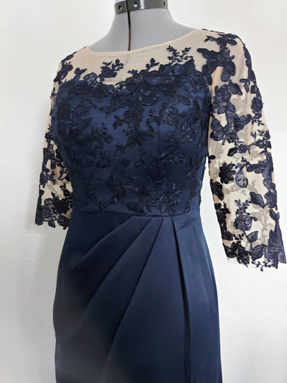 Navy blue EDKAY COLLECTION UK maxi dress with pleated waistline and mermaid silhouette, designed for mother of the bride or groom.