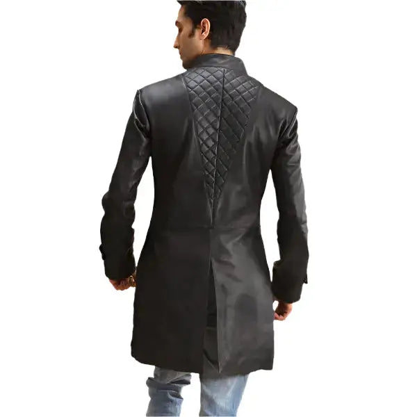 Black quilted leather trench coat by Riders Republic UK, stylish and warm outerwear with a sleek design and quilted details.