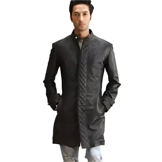 Black quilted leather trench coat by Riders Republic UK, stylish and warm outerwear with a sleek design and quilted detailing.