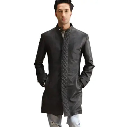 Black quilted leather trench coat by Riders Republic UK, stylish and warm outerwear with a sleek design and quilted detailing.