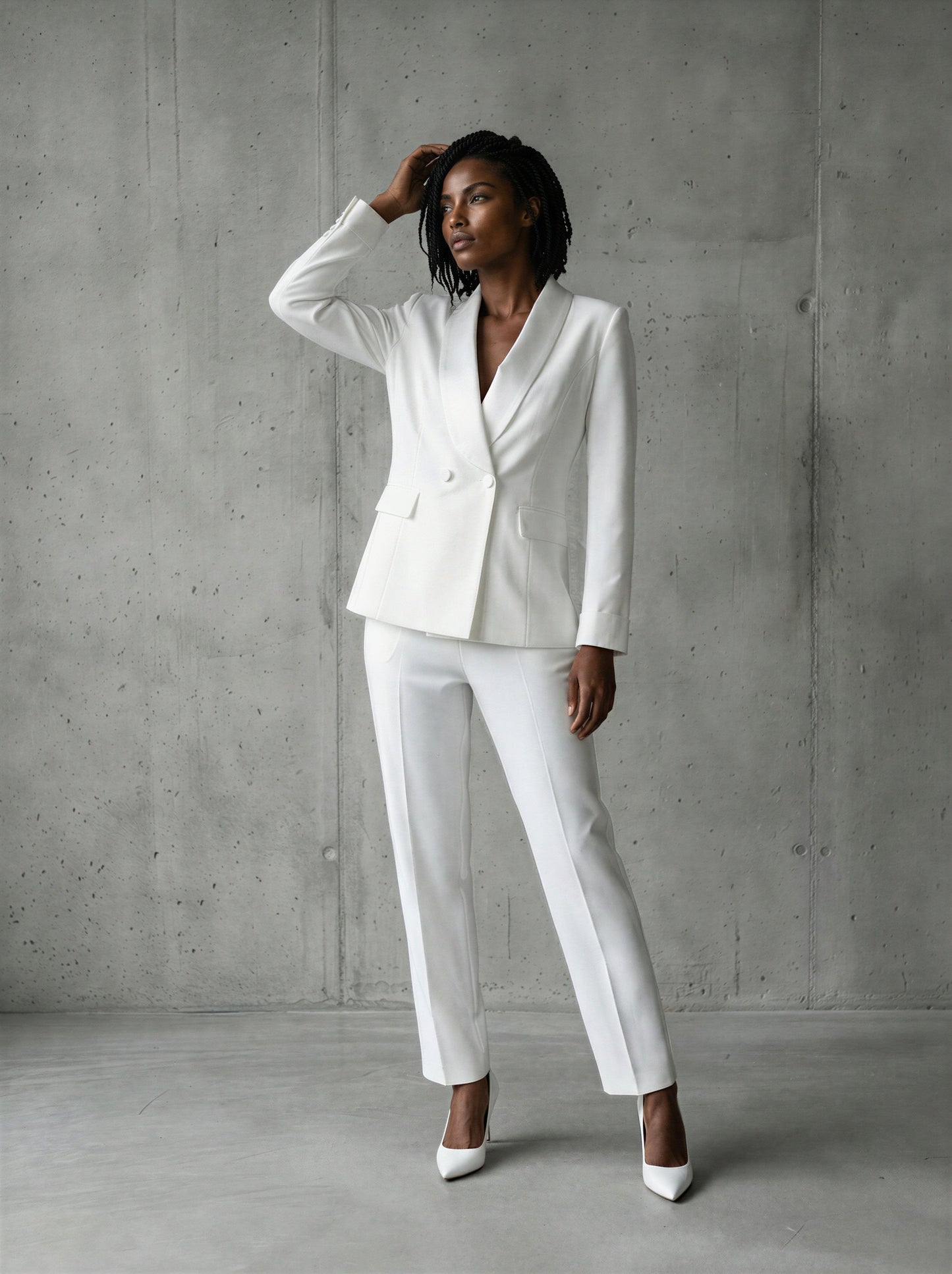 White double-breasted shawl lapel pants suit by EDKAY COLLECTION UK, UK size 16, displayed on a hanger with tailored fit details.