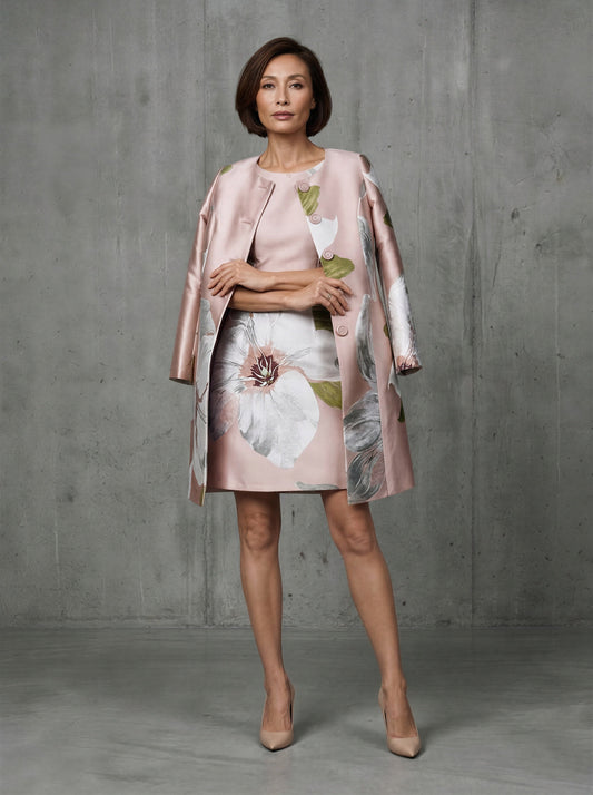 Elegant floral brocade dress suit by EDKAY COLLECTION UK featuring intricate floral patterns and tailored fit.