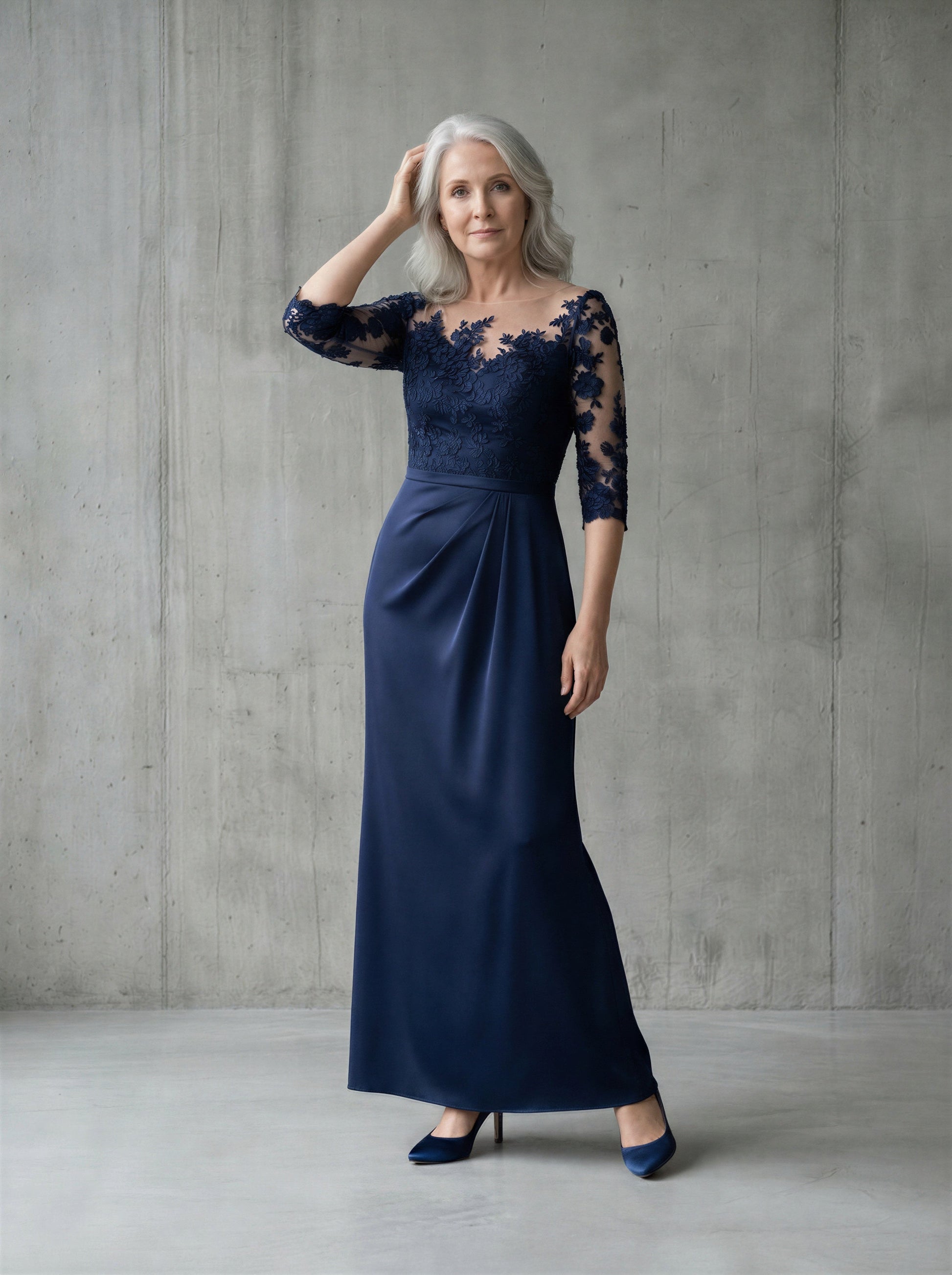 Navy blue maxi pleated mermaid dress with waistline for mother of the bride or groom, by EDKAY COLLECTION UK.