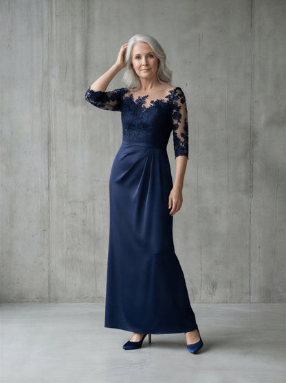 Navy blue maxi pleated mermaid dress with waistline for mother of the bride or groom, by EDKAY COLLECTION UK.