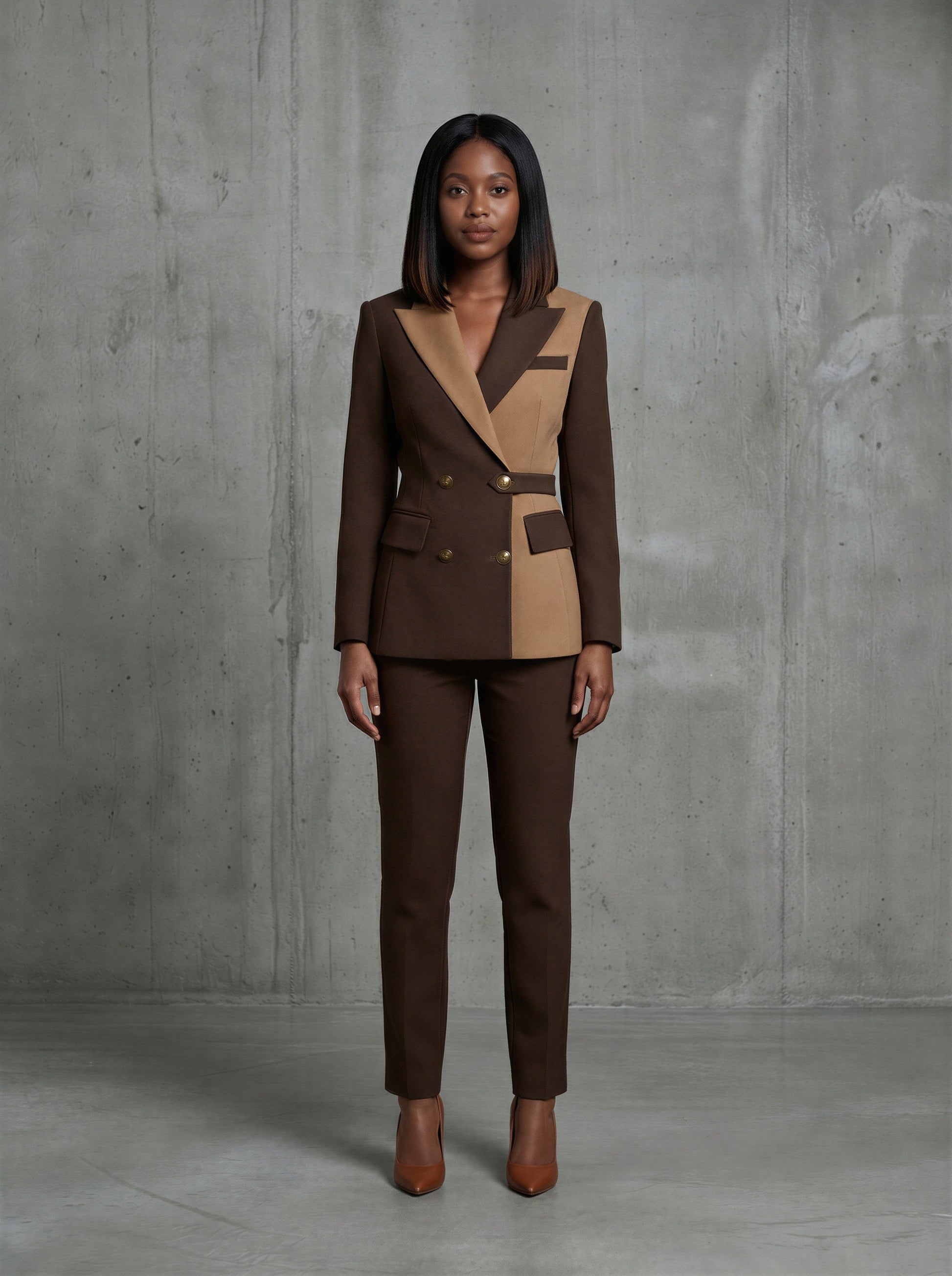 Elegant double-breasted two-tone belted pantsuit from EDKAY COLLECTION UK, shown in a stylish, tailored design.