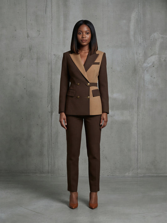 Elegant double-breasted two-tone belted pantsuit from EDKAY COLLECTION UK, shown in a stylish, tailored design.