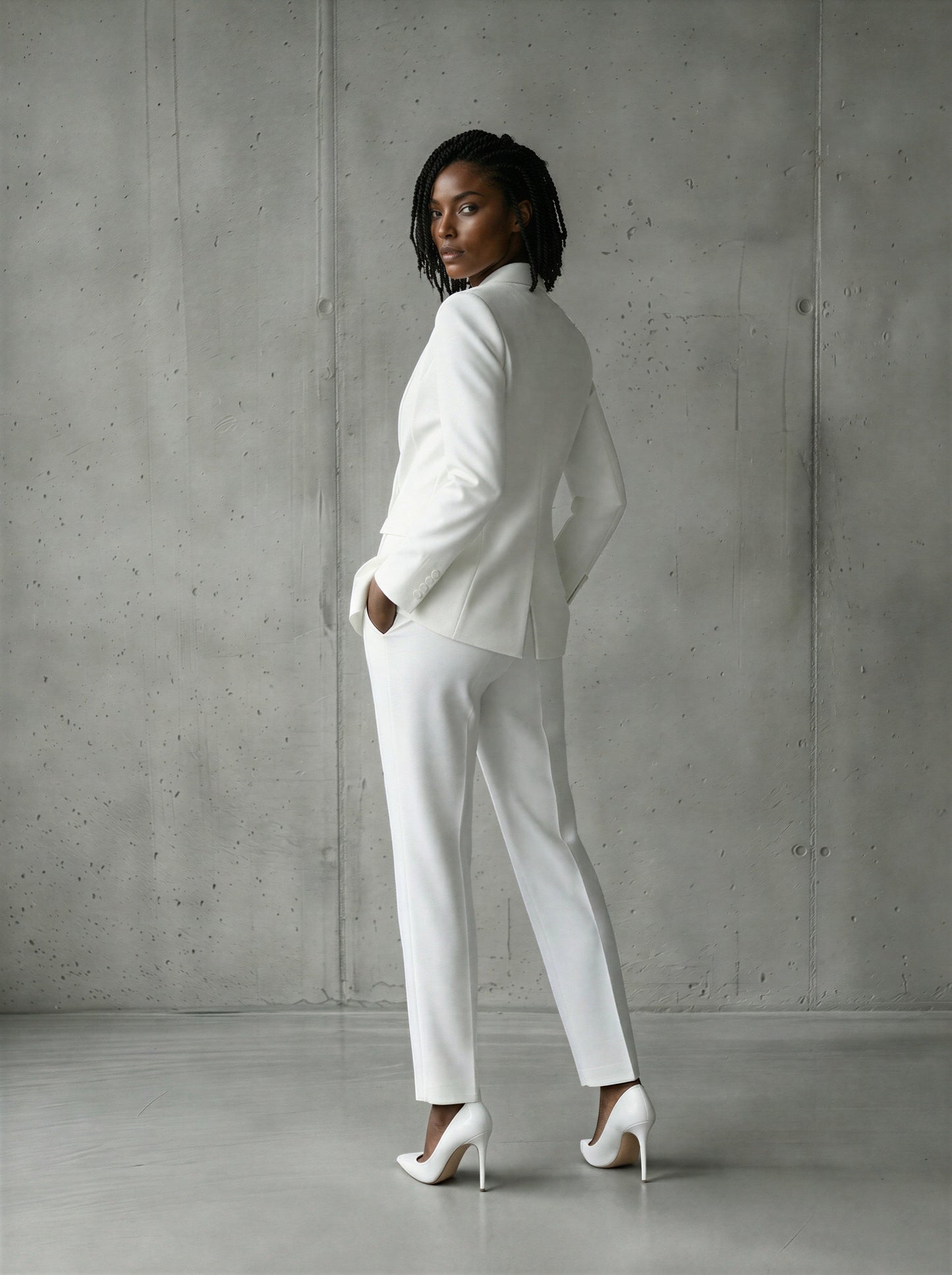 White double-breasted shawl lapel pants suit by EDKAY COLLECTION UK, UK size 16, featuring tailored blazer and matching trousers.