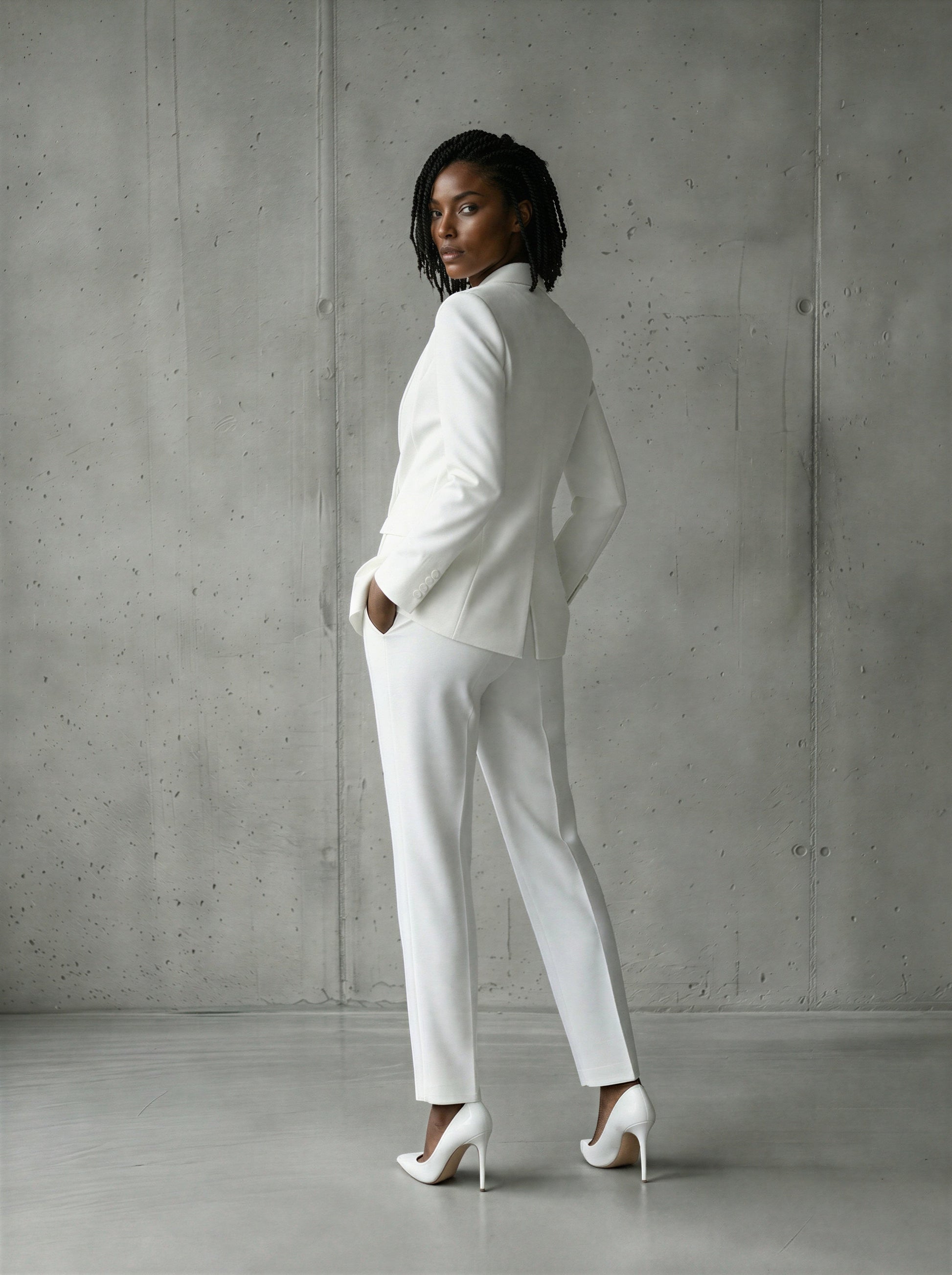 White double-breasted shawl lapel pants suit by EDKAY COLLECTION UK, UK size 16, featuring tailored blazer and matching trousers.