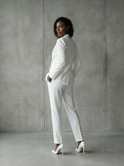 White double-breasted shawl lapel pants suit by EDKAY COLLECTION UK, UK size 16, featuring tailored blazer and matching trousers.