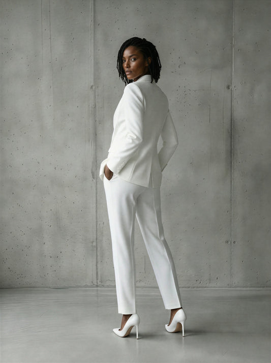 White double-breasted shawl lapel pants suit by EDKAY COLLECTION UK, UK size 16, featuring tailored blazer and matching trousers.