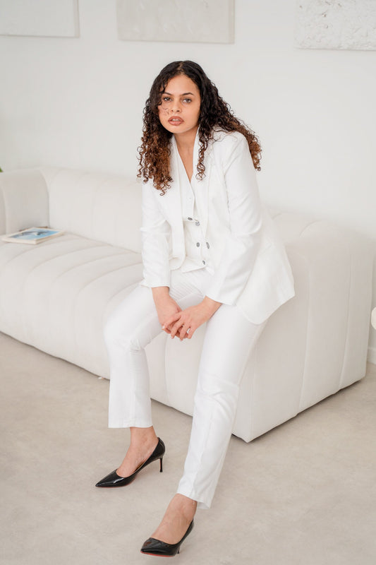 Elegant white satin 3-piece pantsuit featuring tailored blazer, matching pants, and top from EDKAY COLLECTION UK.