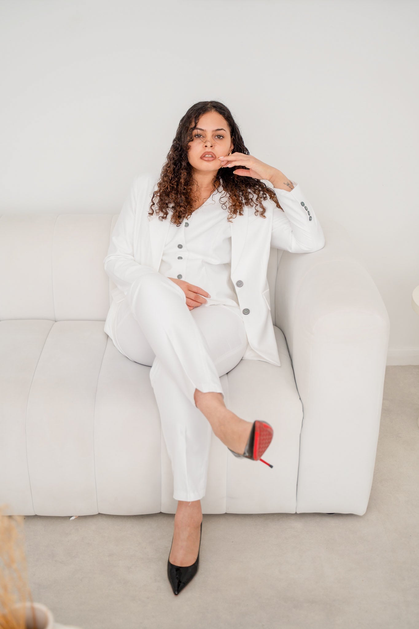 White satin 3-piece pantsuit from EDKAY COLLECTION UK, featuring tailored blazer, matching trousers, and stylish top for elegant wear.