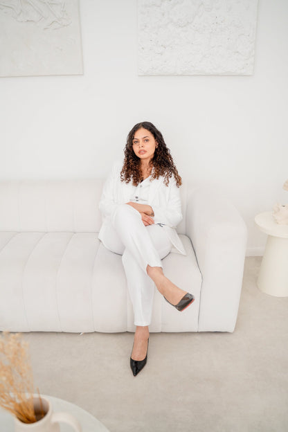 White satin 3-piece pantsuit from EDKAY COLLECTION UK featuring tailored blazer, matching trousers, and a coordinating top.