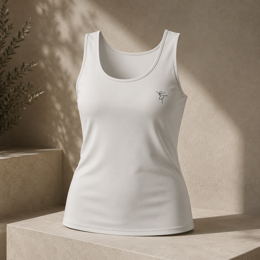 White D2I Sculpt Tank women's stretch tank top with printed design, shown on a mockup for Dress 2 Impress Ltd clothing.