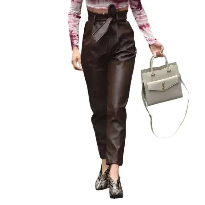 Women's brown Lambskin leather joggers with lace-up detail, stylish and comfortable pants by Riders Republic UK.