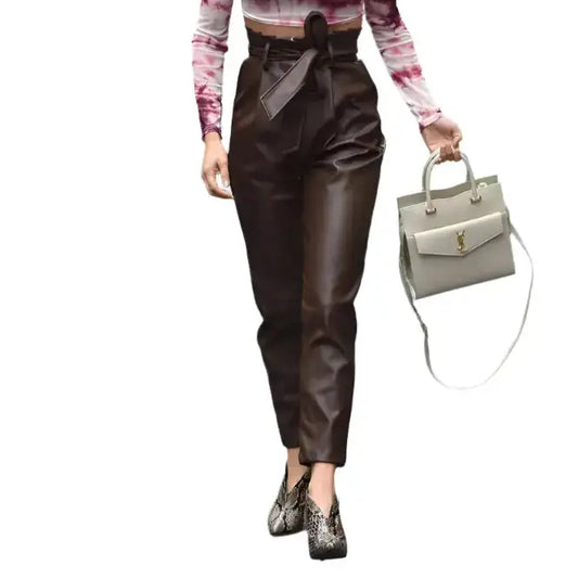 Women's brown Lambskin leather joggers with lace-up detail, stylish and comfortable pants by Riders Republic UK.